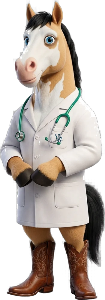 Mascote do Vet System Control: um cavalo veterinário de jaleco e estetoscópio