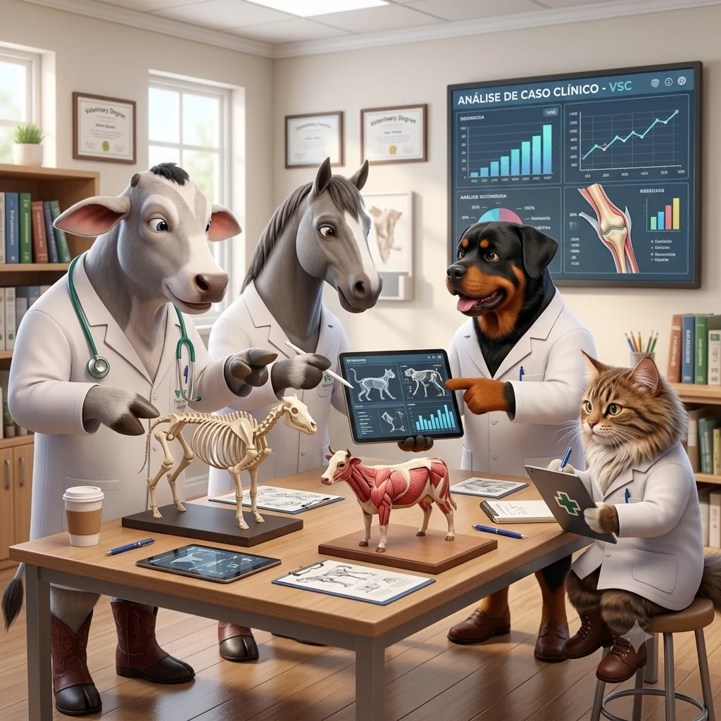 A equipe do Vet System Control — um bovino, um cavalo, um cão e um gato veterinários — analisando um caso clínico com modelos anatômicos e um tablet.